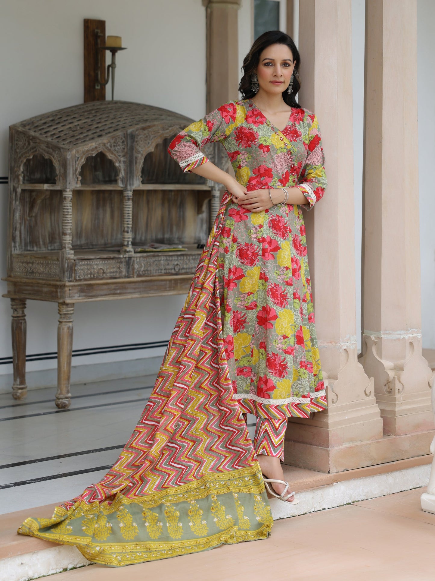 Floral Printed & Embroidered Anarkali Kurta with Pant & Pure Cotton Dupatta - Multi