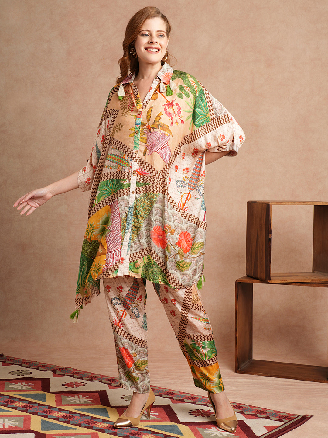 Floral Abstract & Ethnic Printed Kaftan Co-ord Set - Multi