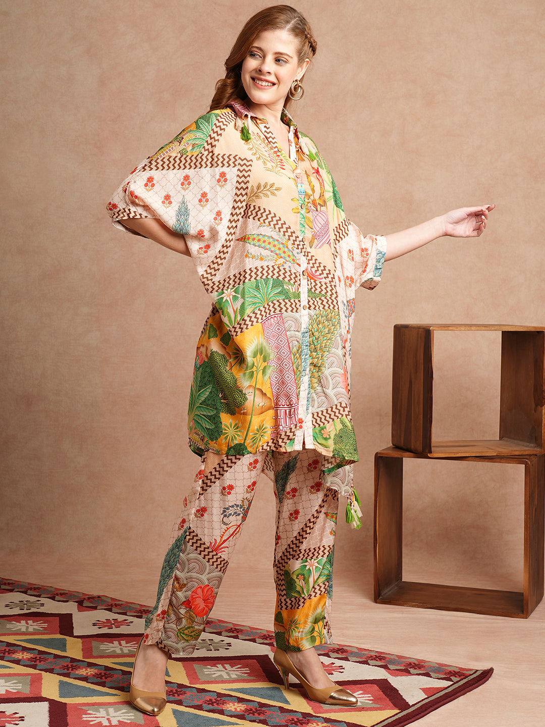 Floral Abstract & Ethnic Printed Kaftan Co-ord Set - Multi