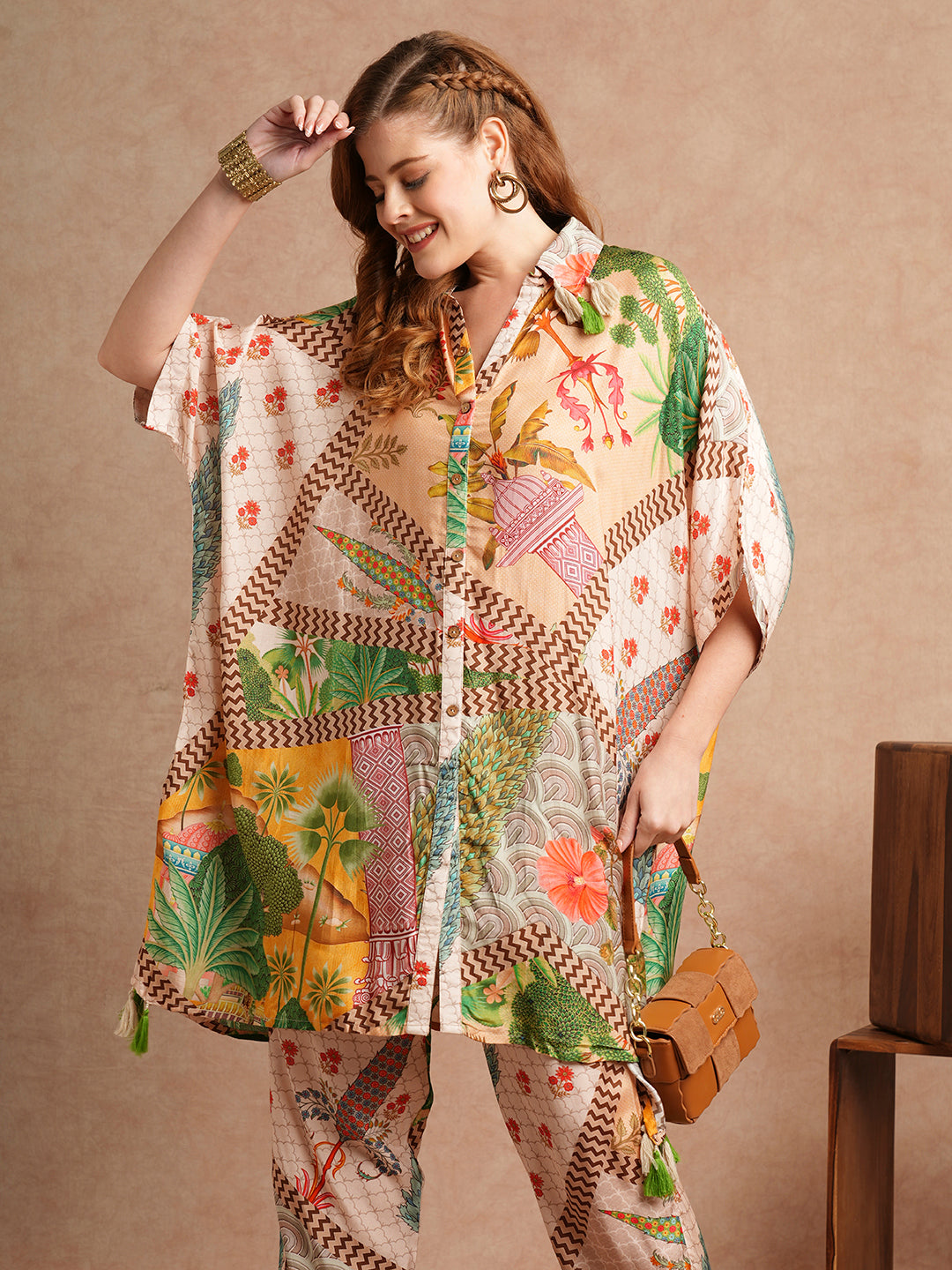 Floral Abstract & Ethnic Printed Kaftan Co-ord Set - Multi