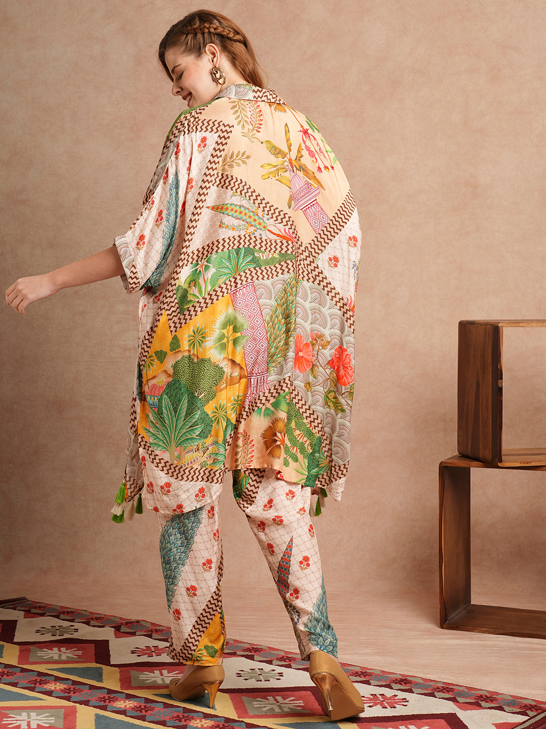 Floral Abstract & Ethnic Printed Kaftan Co-ord Set - Multi