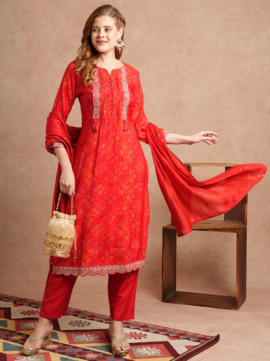 Bandhani Printed & Embroidered Straight Kurta with Pant & Dupatta - Red