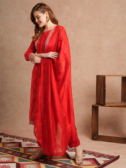 Bandhani Printed & Embroidered Straight Kurta with Pant & Dupatta - Red