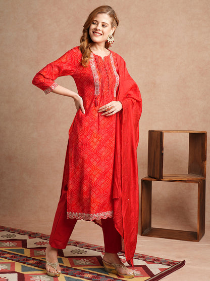 Bandhani Printed & Embroidered Straight Kurta with Pant & Dupatta - Red