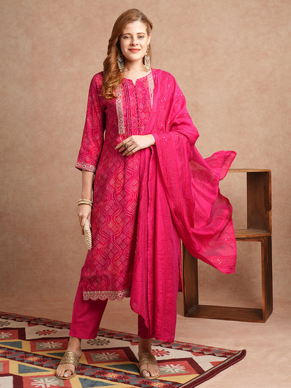 Bandhani Printed & Embroidered Straight Fit Kurta with Pant and Dupatta - Magenta