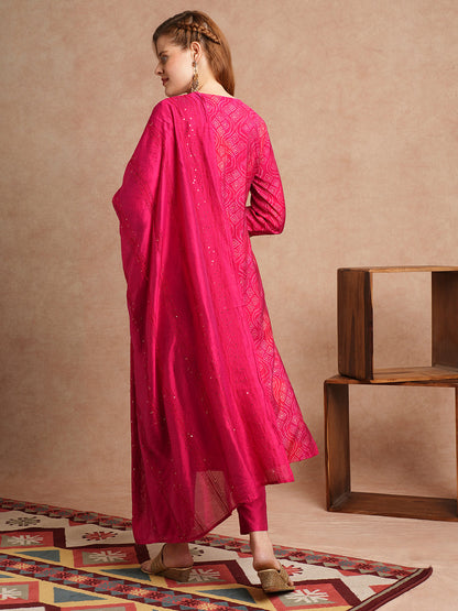 Bandhani Printed & Embroidered Straight Fit Kurta with Pant and Dupatta - Magenta