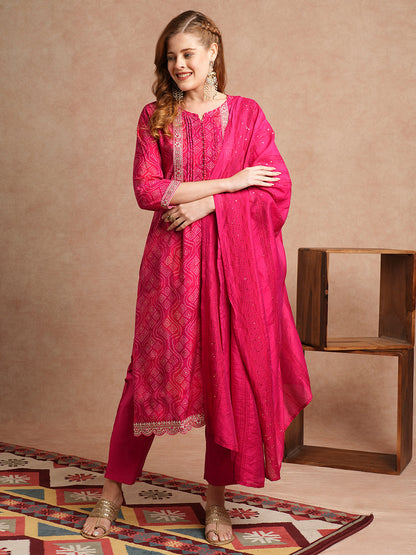 Bandhani Printed & Embroidered Straight Fit Kurta with Pant and Dupatta - Magenta