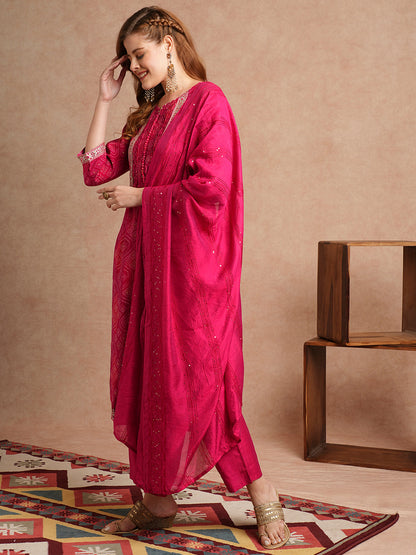 Bandhani Printed & Embroidered Straight Fit Kurta with Pant and Dupatta - Magenta