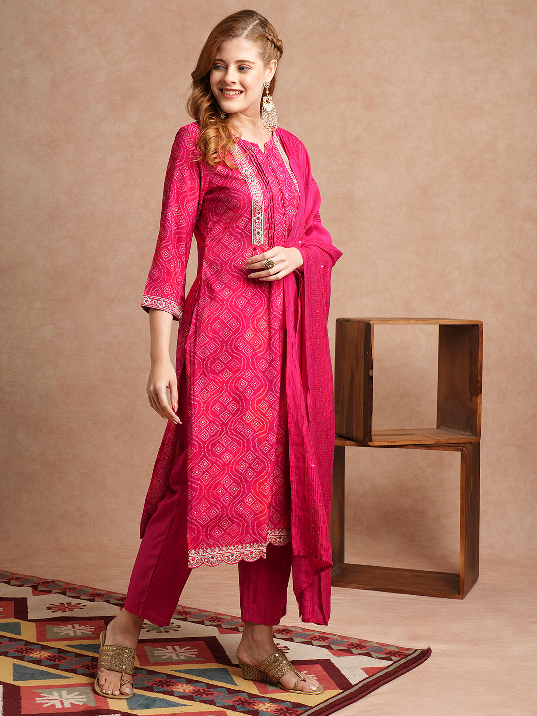 Bandhani Printed & Embroidered Straight Fit Kurta with Pant and Dupatta - Magenta