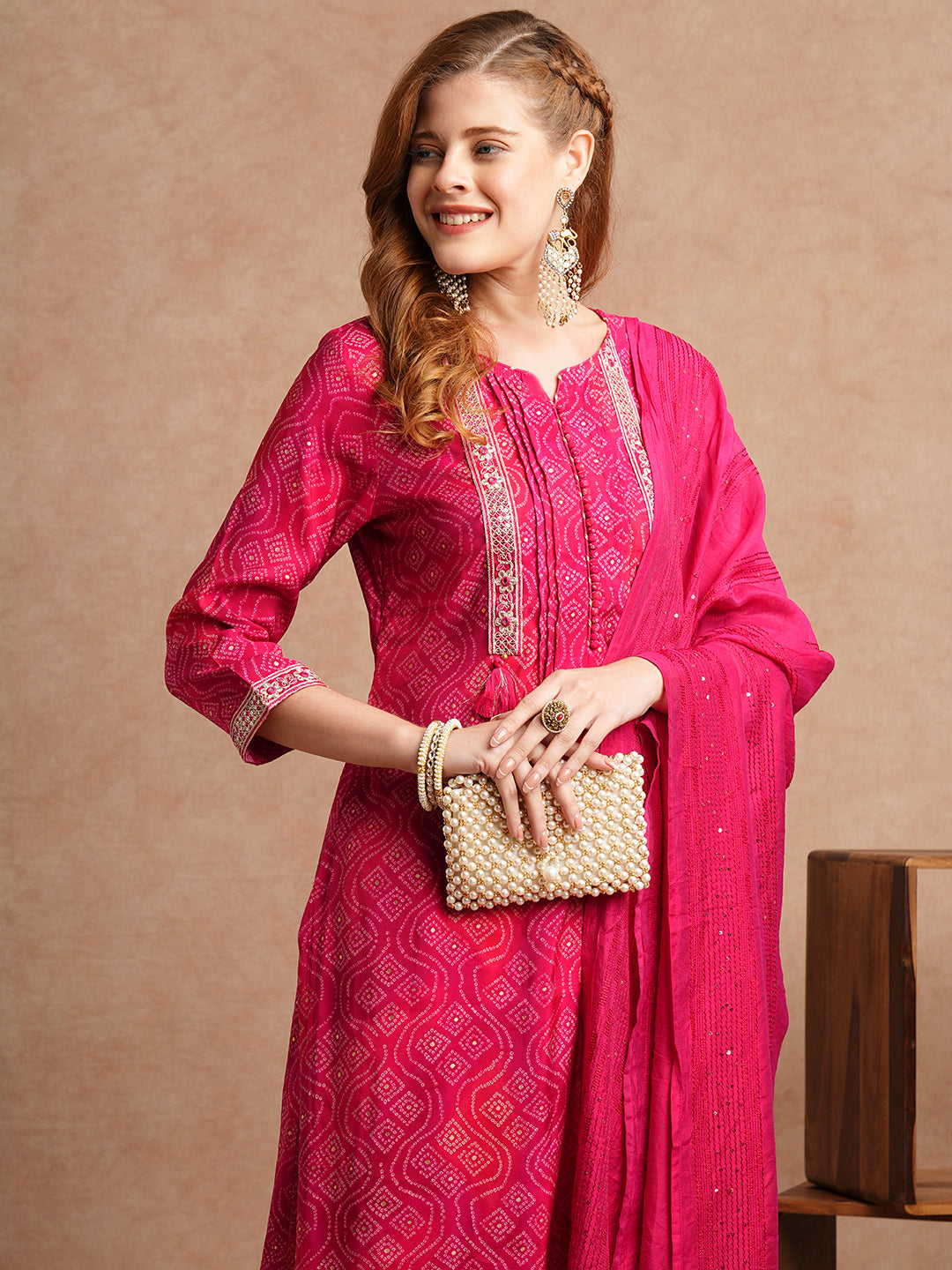 Bandhani Printed & Embroidered Straight Fit Kurta with Pant and Dupatta - Magenta