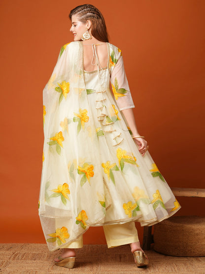 Floral Hand Painted A-Line Flared Kurta with Palazzo & Dupatta - Cream