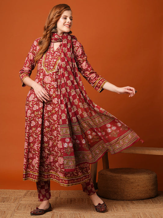 Floral Printed & Embroidered Anarkali Kurta with Pant & Dupatta - Maroon