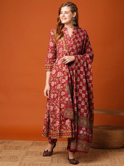 Floral Printed & Embroidered Anarkali Kurta with Pant & Dupatta - Maroon