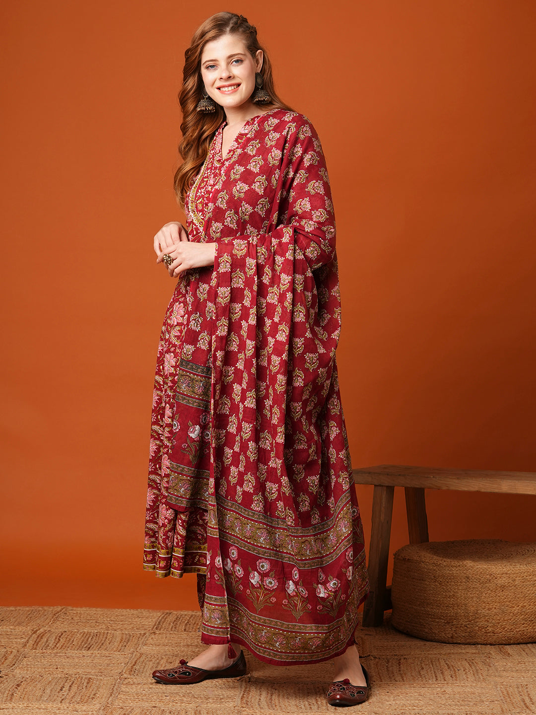 Floral Printed & Embroidered Anarkali Kurta with Pant & Dupatta - Maroon