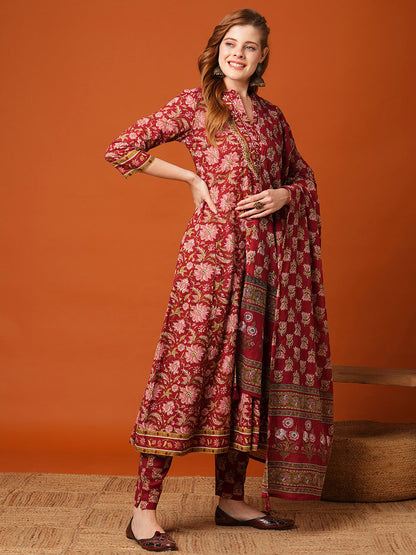 Floral Printed & Embroidered Anarkali Kurta with Pant & Dupatta - Maroon