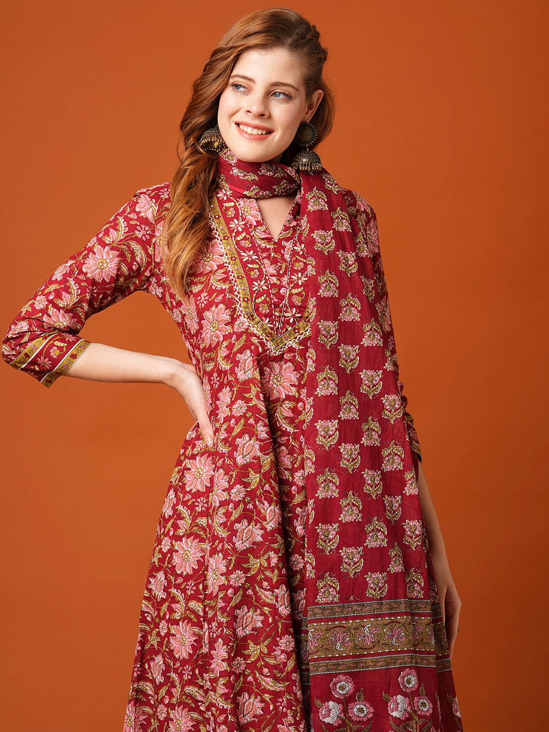 Floral Printed & Embroidered Anarkali Kurta with Pant & Dupatta - Maroon