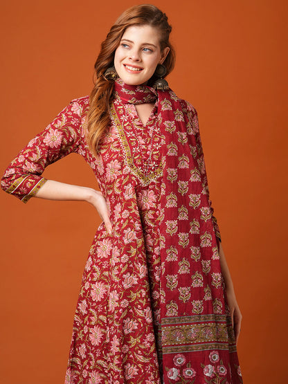 Floral Printed & Embroidered Anarkali Kurta with Pant & Dupatta - Maroon