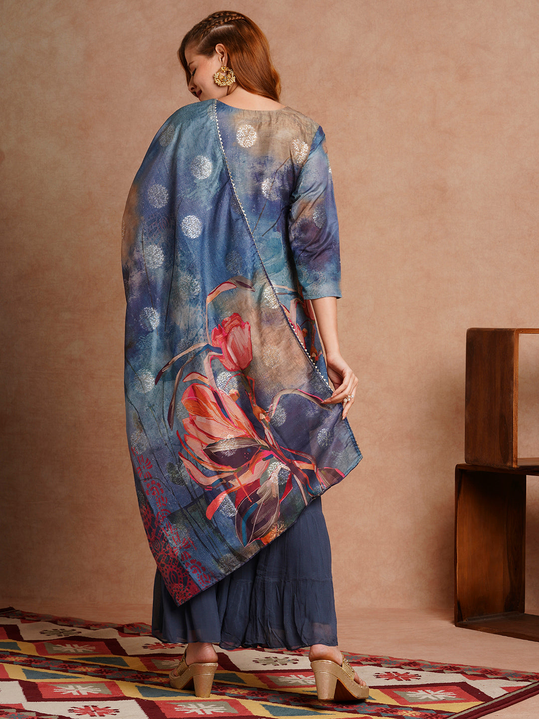 Abstract Floral Printed & Hand Embroidered Straight Kurta with Sharara & Dupatta - Blue