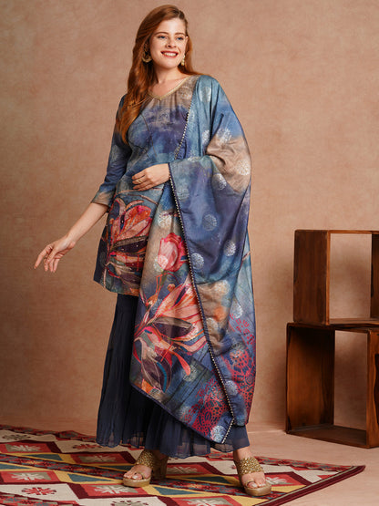 Abstract Floral Printed & Hand Embroidered Straight Kurta with Sharara & Dupatta - Blue