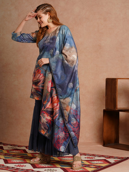 Abstract Floral Printed & Hand Embroidered Straight Kurta with Sharara & Dupatta - Blue