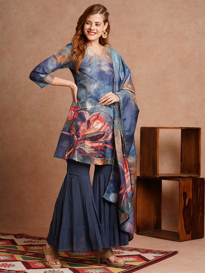 Abstract Floral Printed & Hand Embroidered Straight Kurta with Sharara & Dupatta - Blue