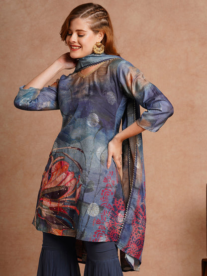 Abstract Floral Printed & Hand Embroidered Straight Kurta with Sharara & Dupatta - Blue