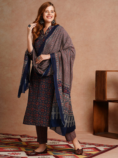 Ethnic Floral Printed & Embroidered Straight Fit Kurta with Pant and Dupatta - Blueb