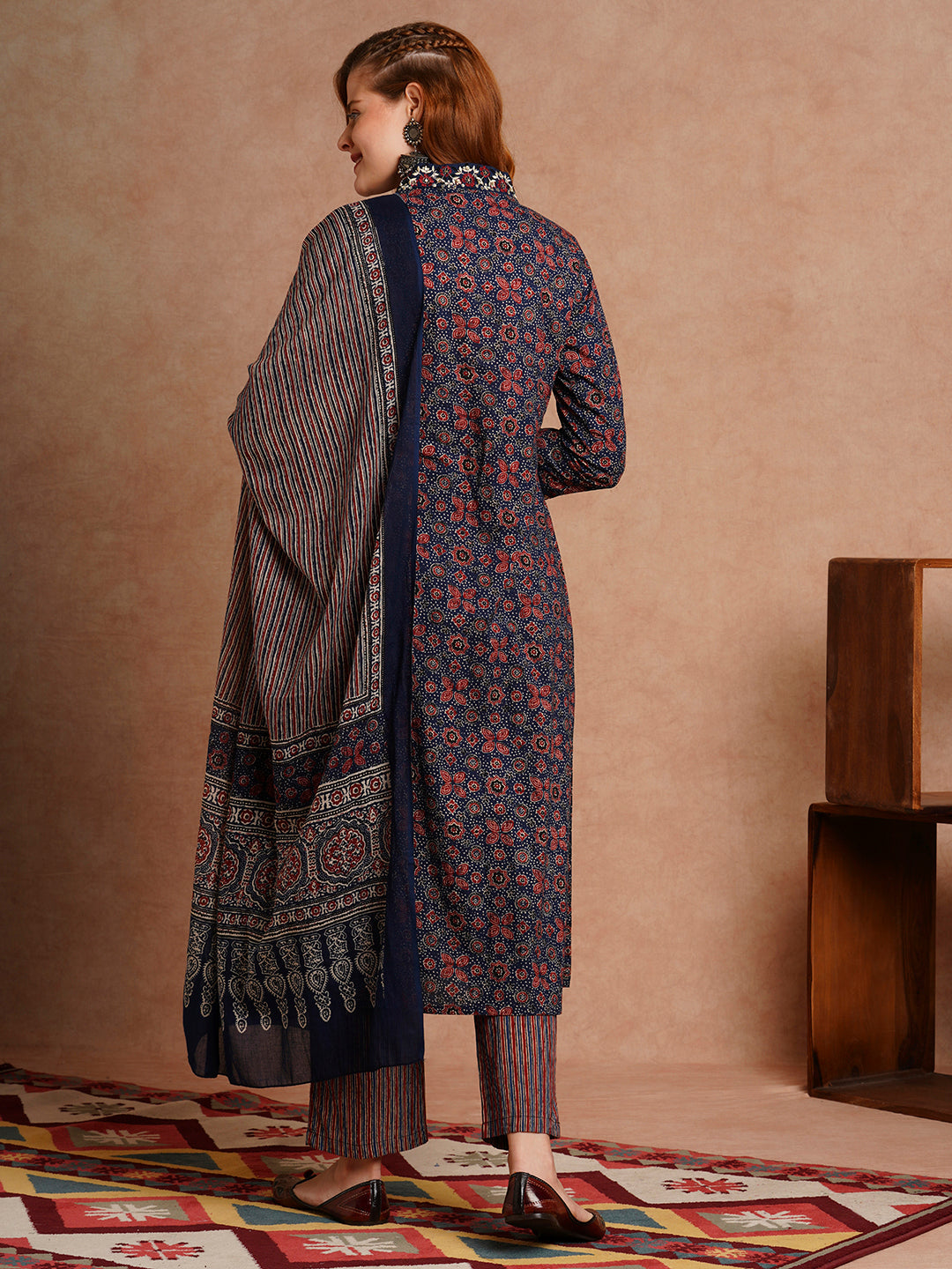 Ethnic Floral Printed & Embroidered Straight Fit Kurta with Pant and Dupatta - Blueb