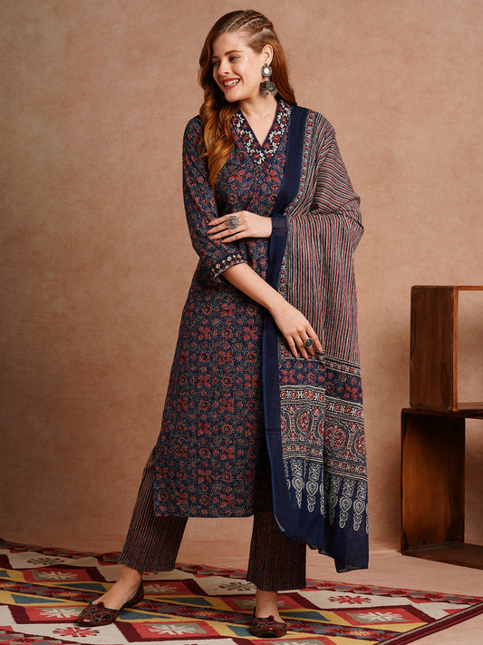 Ethnic Floral Printed & Embroidered Straight Fit Kurta with Pant and Dupatta - Blueb