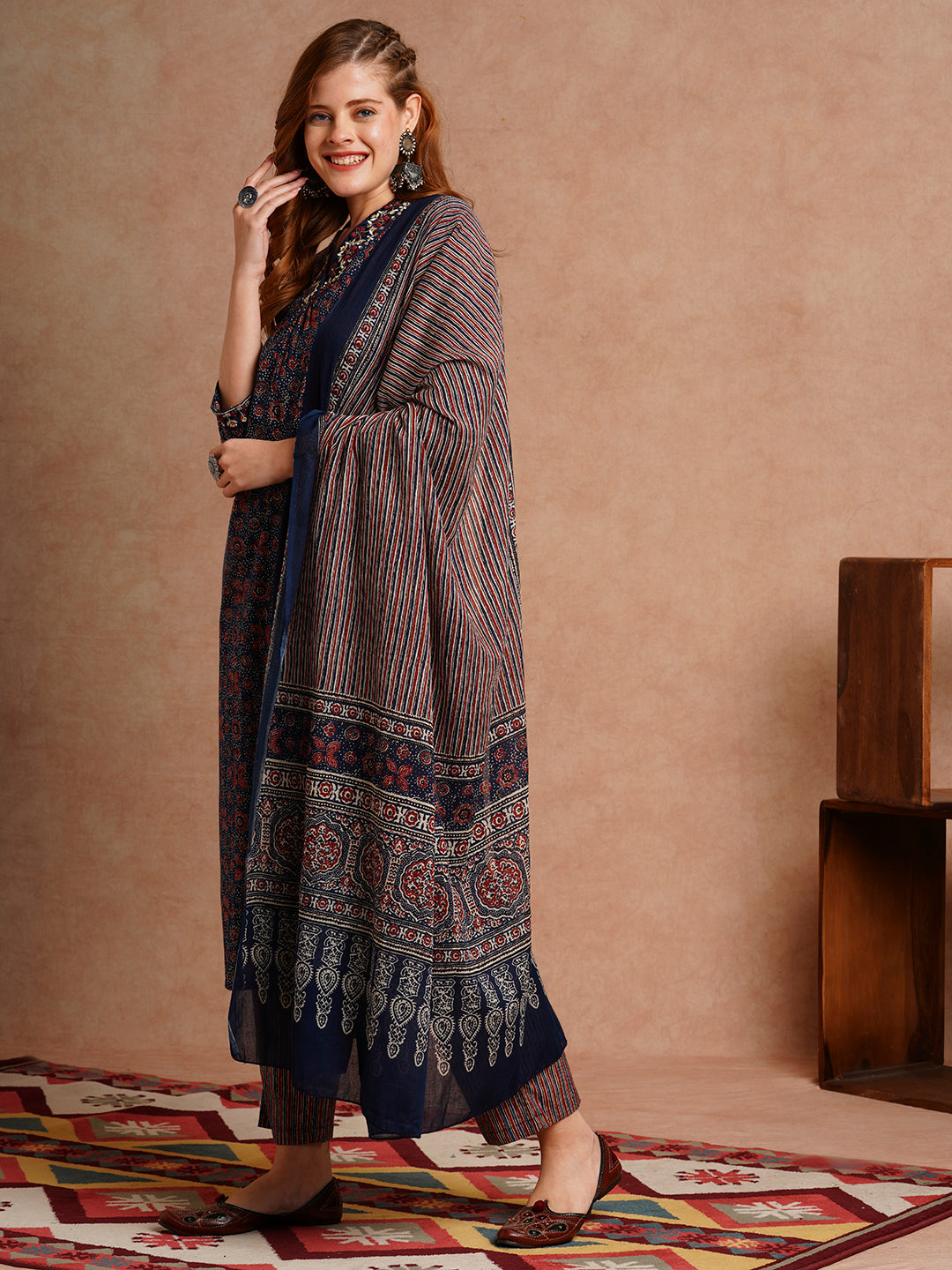 Ethnic Floral Printed & Embroidered Straight Fit Kurta with Pant and Dupatta - Blueb