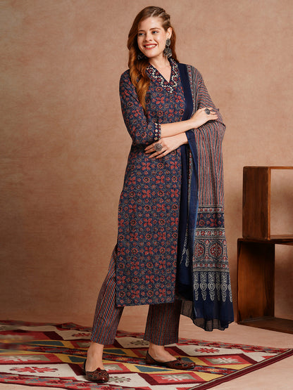 Ethnic Floral Printed & Embroidered Straight Fit Kurta with Pant and Dupatta - Blueb