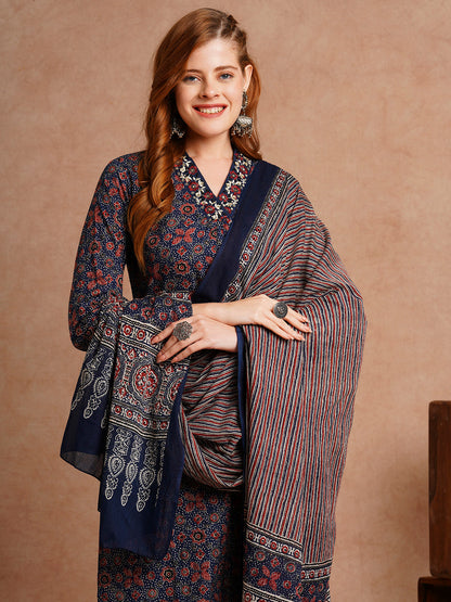 Ethnic Floral Printed & Embroidered Straight Fit Kurta with Pant and Dupatta - Blueb