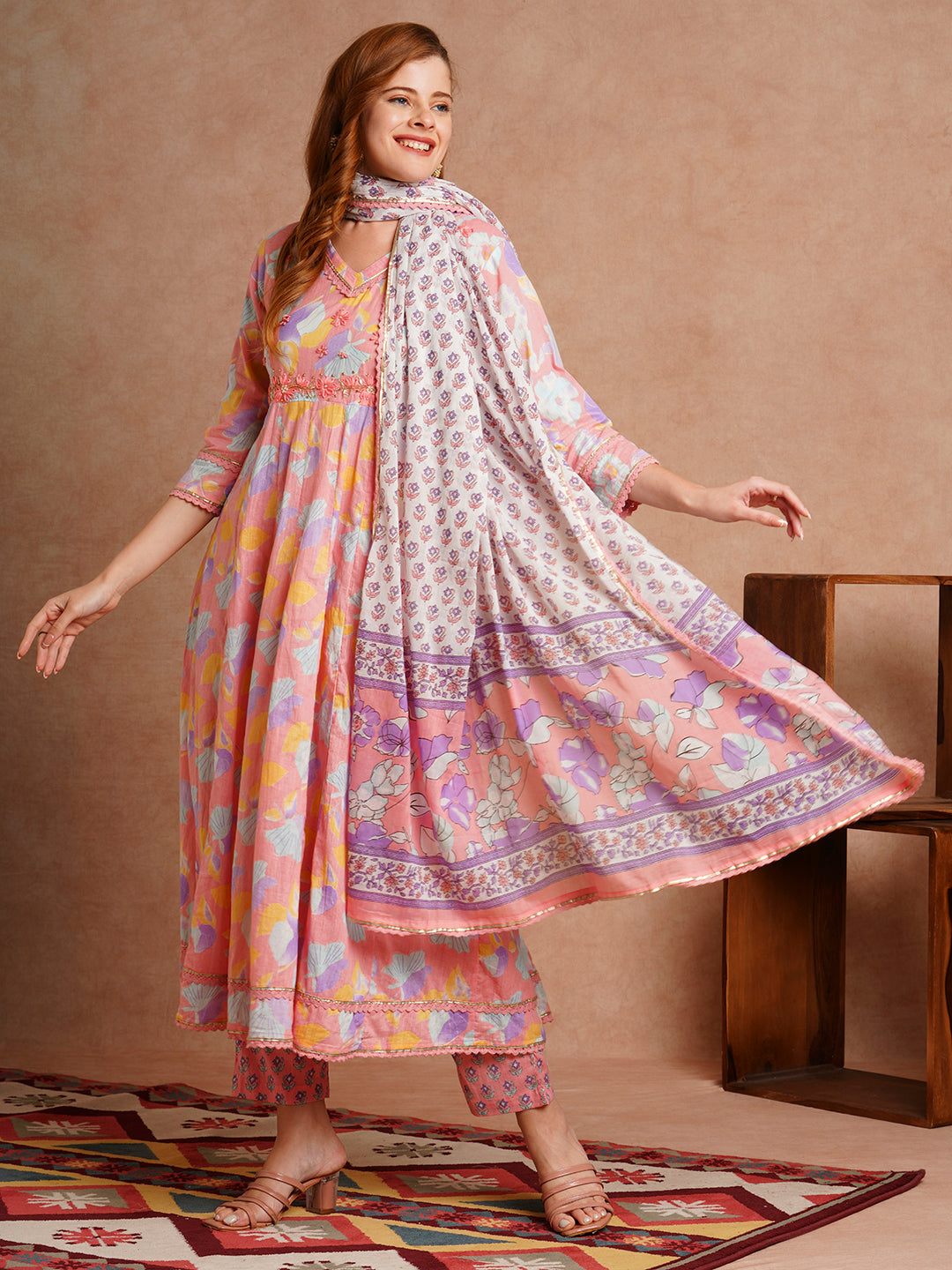 Floral Printed & Hand Embroidered Anarkali Kurta with Pant & Dupatta - Pink