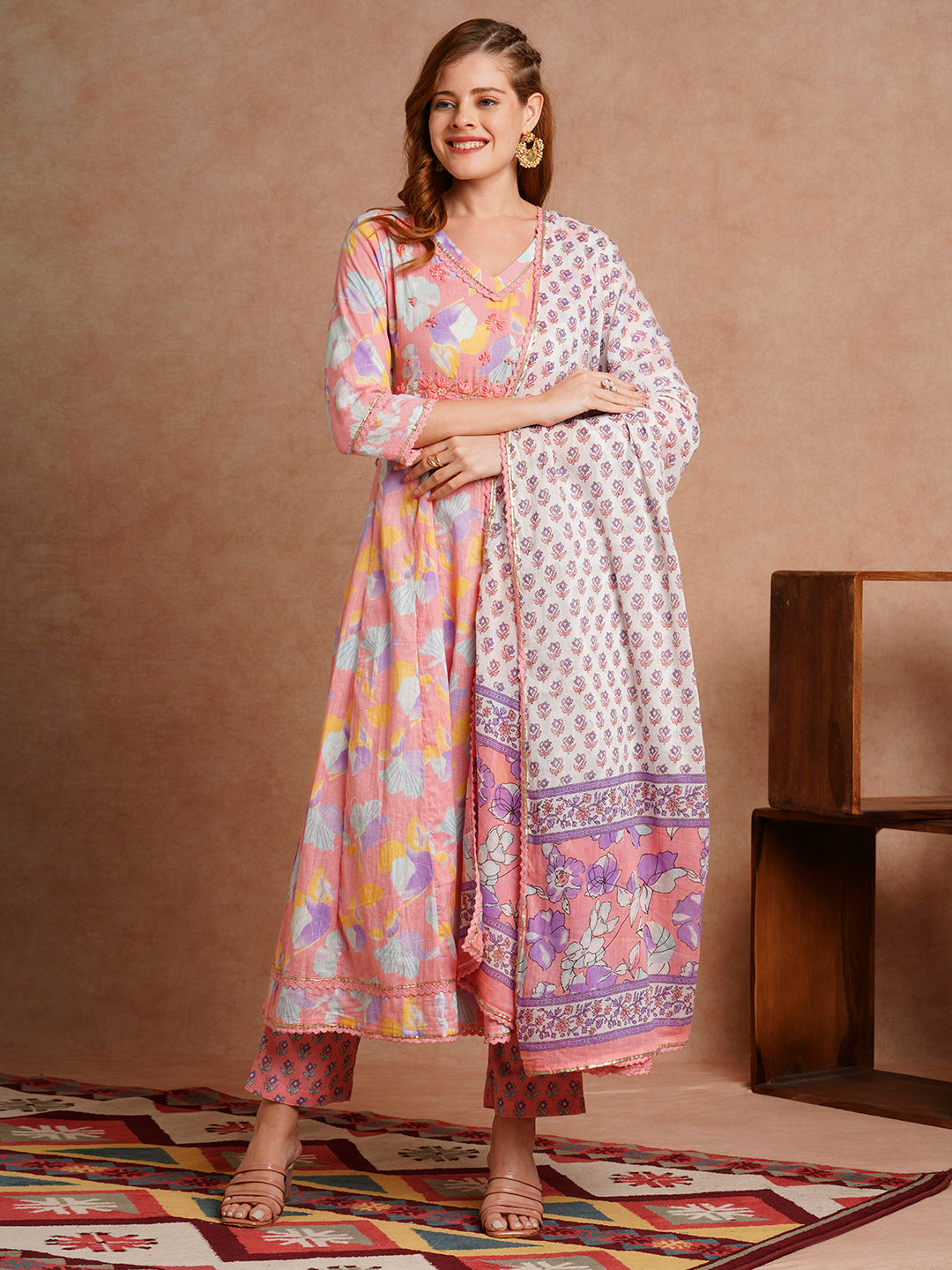 Floral Printed & Hand Embroidered Anarkali Kurta with Pant & Dupatta - Pink