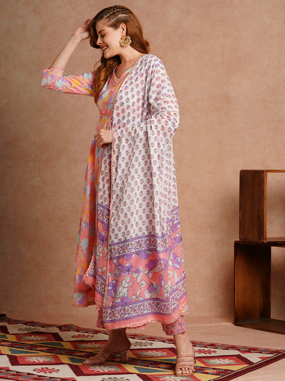 Floral Printed & Hand Embroidered Anarkali Kurta with Pant & Dupatta - Pink