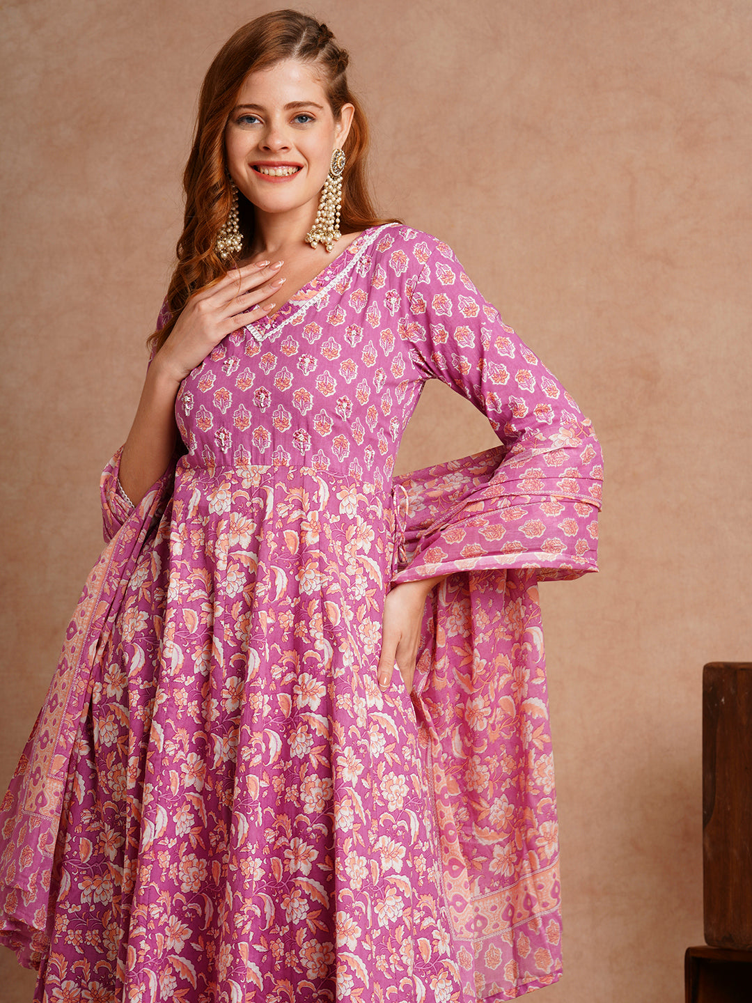 Ethnic Floral Printed Anarkali Kurta with Pant & Pure Cotton Dupatta - Purple