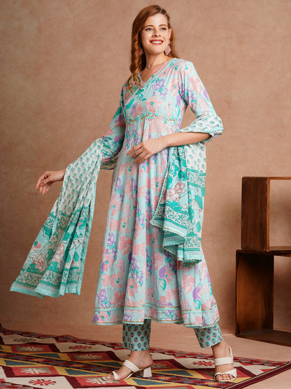 Floral Printed & Hand Embroidered Anarkali Kurta with Pant & Dupatta - Mint Green