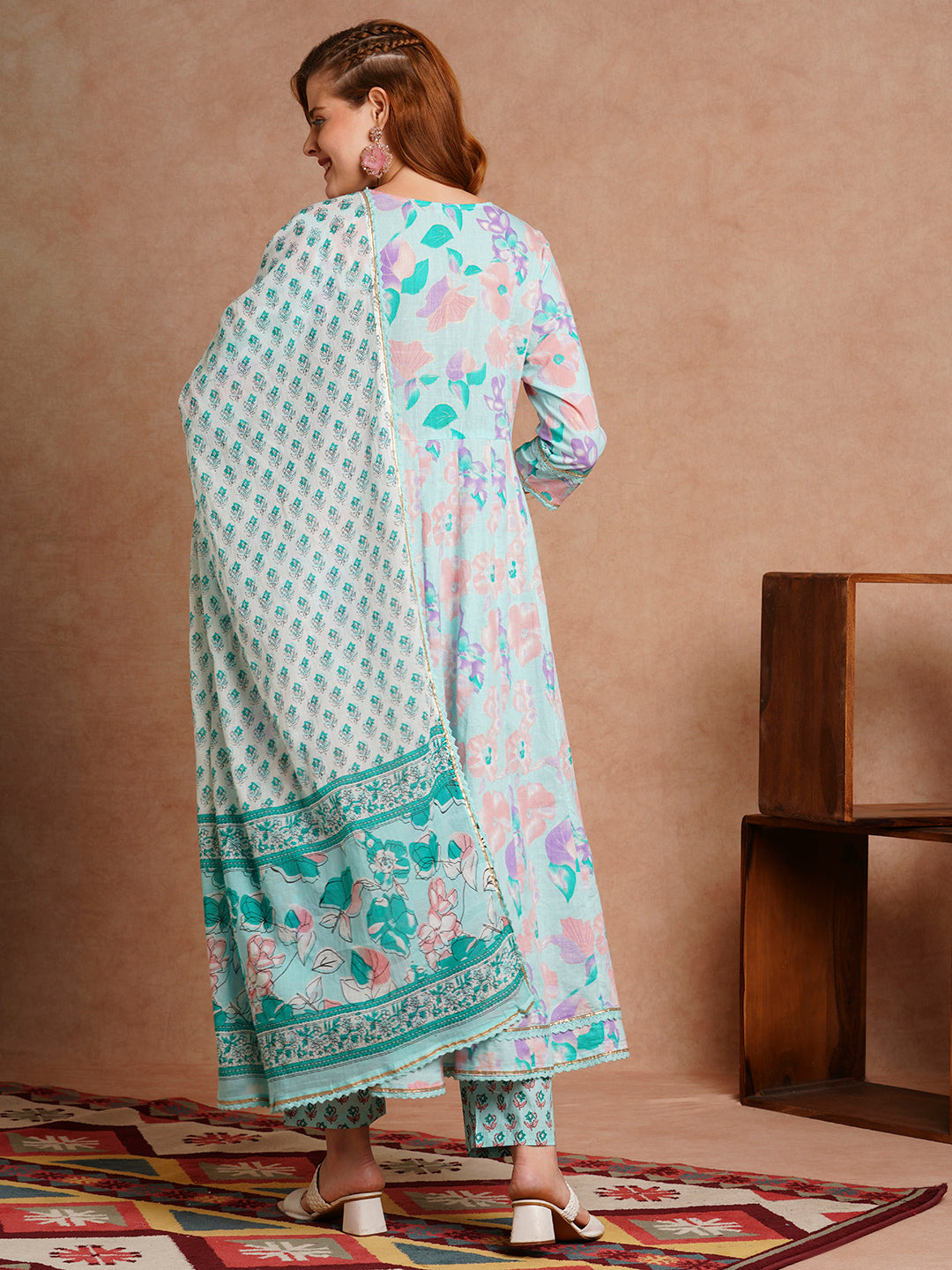 Floral Printed & Hand Embroidered Anarkali Kurta with Pant & Dupatta - Mint Green