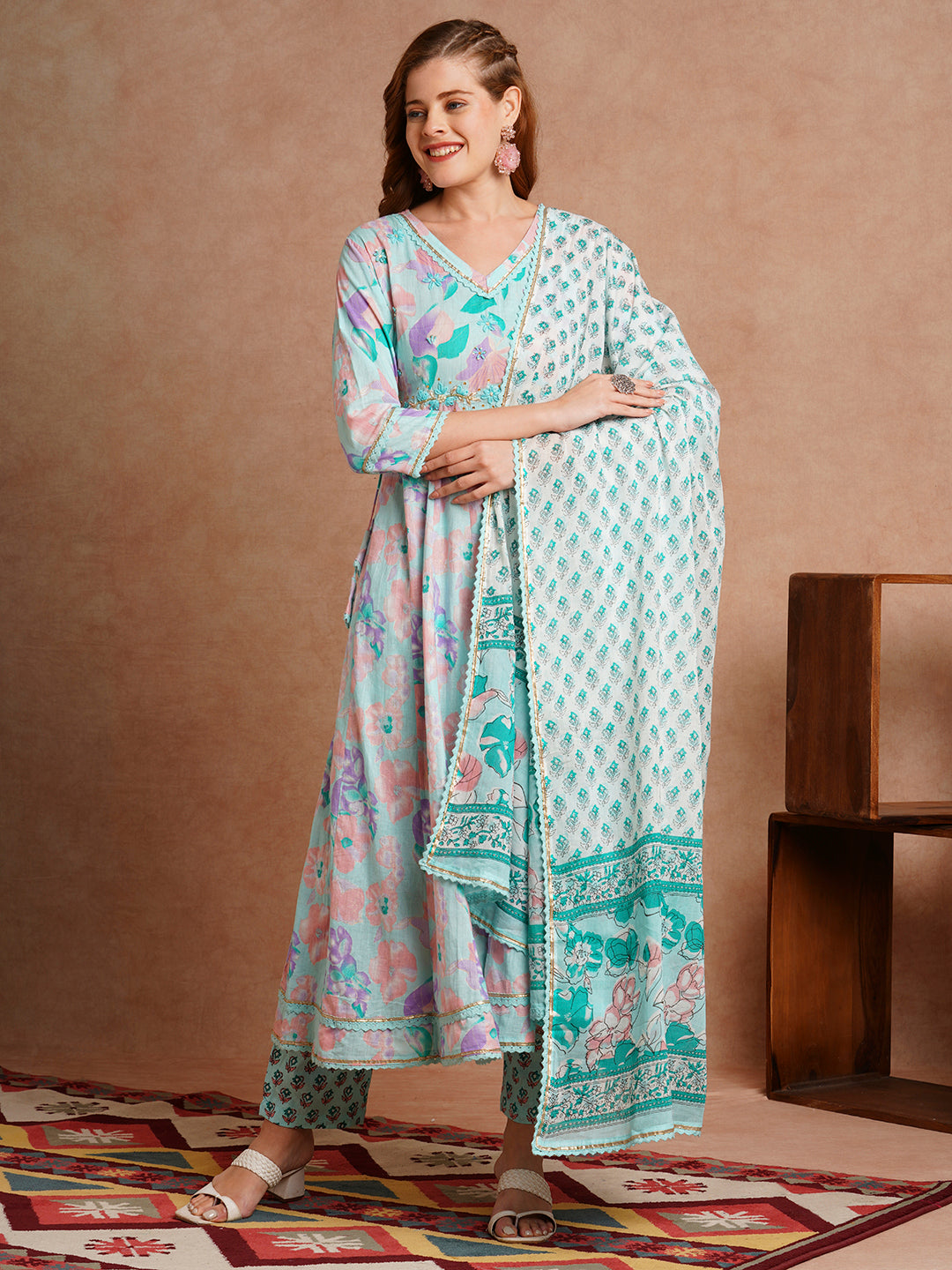 Floral Printed & Hand Embroidered Anarkali Kurta with Pant & Dupatta - Mint Green