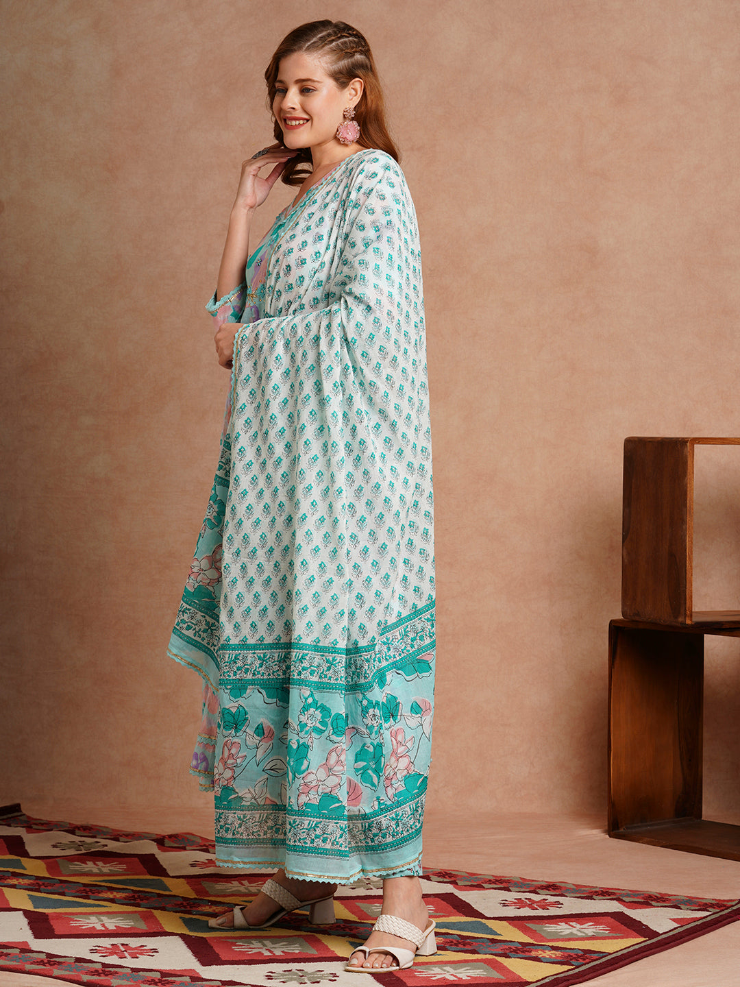 Floral Printed & Hand Embroidered Anarkali Kurta with Pant & Dupatta - Mint Green