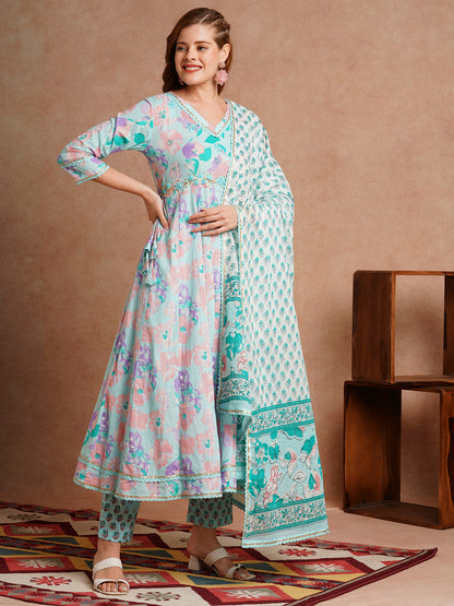 Floral Printed & Hand Embroidered Anarkali Kurta with Pant & Dupatta - Mint Green