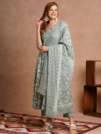 Ethnic Floral Printed Anarkali Kurta with Pant & Pure Cotton Dupatta - Mint Green