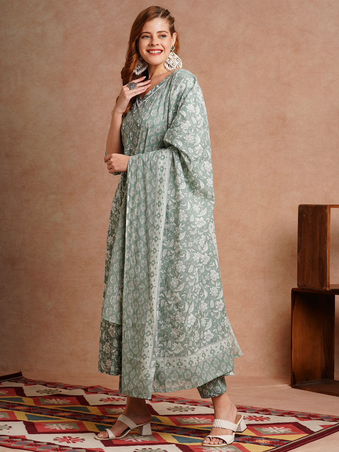 Ethnic Floral Printed Anarkali Kurta with Pant & Pure Cotton Dupatta - Mint Green