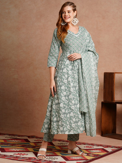 Ethnic Floral Printed Anarkali Kurta with Pant & Pure Cotton Dupatta - Mint Green