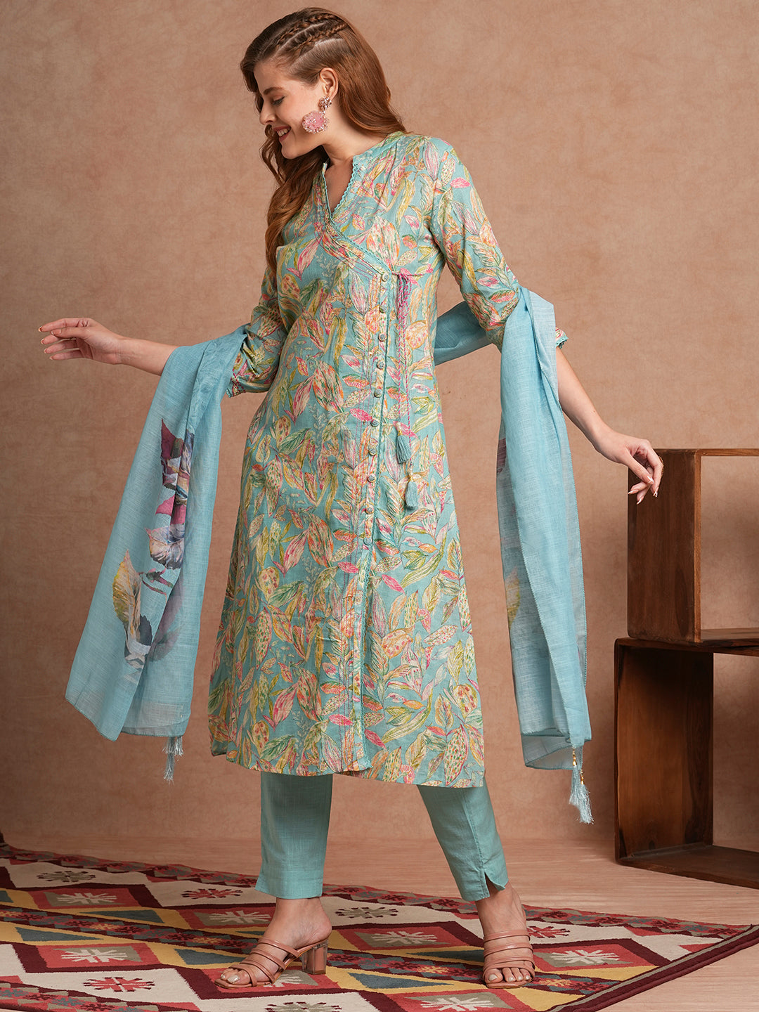 Floral Foil Printed A-Line Kurta with Pant and Dupatta - Turquoise Blue