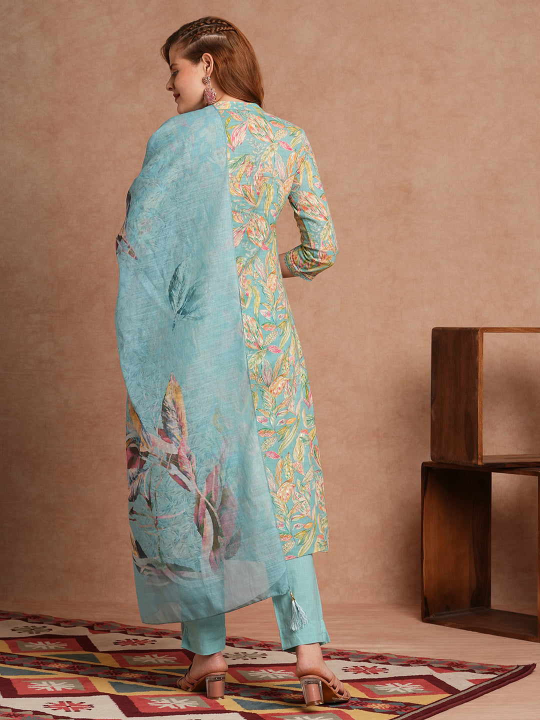 Floral Foil Printed A-Line Kurta with Pant and Dupatta - Turquoise Blue