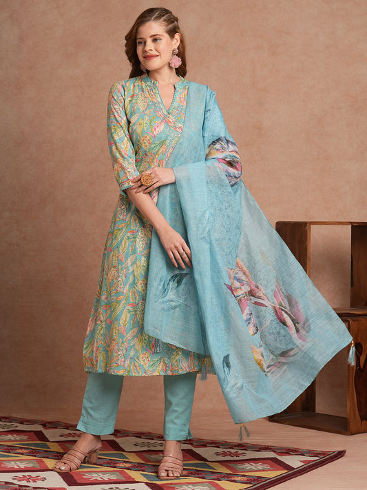 Floral Foil Printed A-Line Kurta with Pant and Dupatta - Turquoise Blue