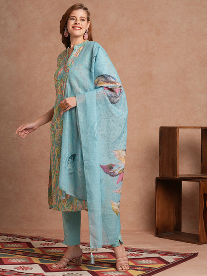 Floral Foil Printed A-Line Kurta with Pant and Dupatta - Turquoise Blue