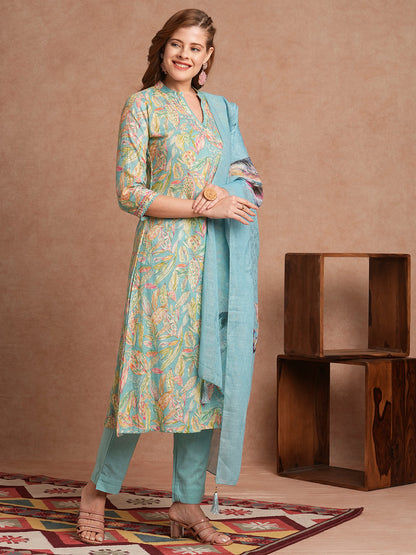 Floral Foil Printed A-Line Kurta with Pant and Dupatta - Turquoise Blue