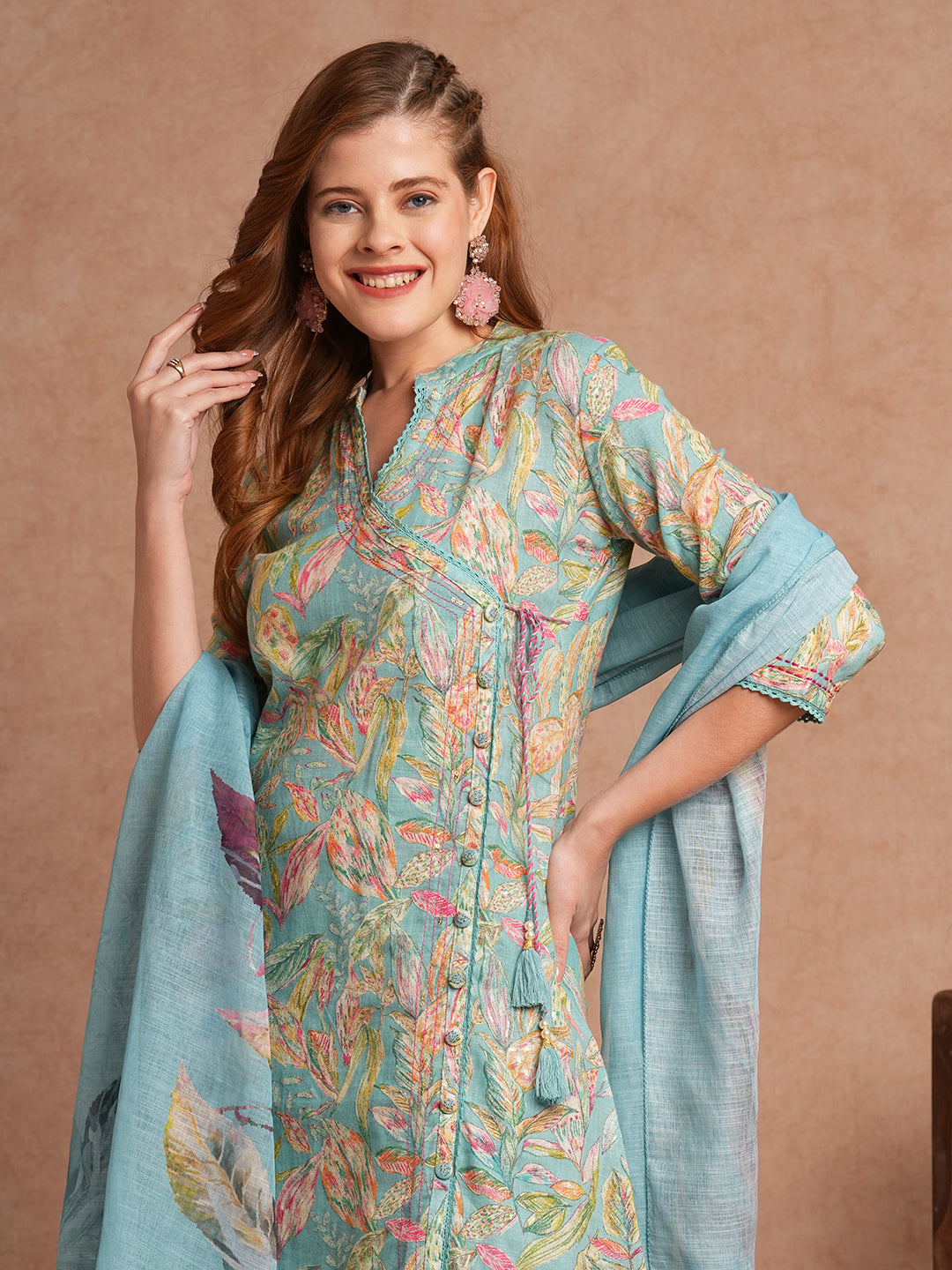 Floral Foil Printed A-Line Kurta with Pant and Dupatta - Turquoise Blue